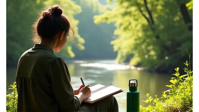 Person writing in a journal outdoors, surrounded by lush greenery, symbolizing thoughtful travel and insights