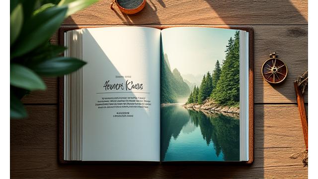 Open eco-luxury travel guide on a wooden table next to a compass and a leaf