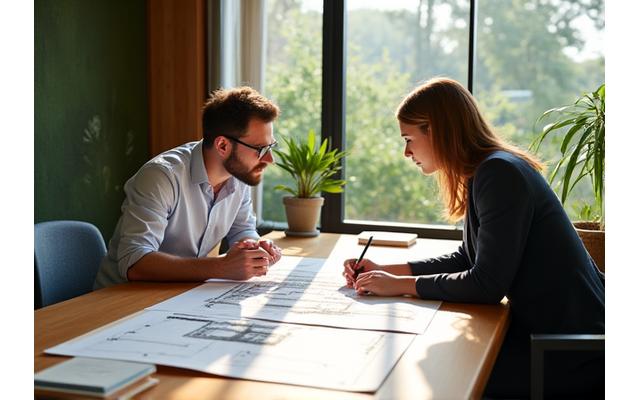 Architect and client discussing blueprints for a sustainable building project, surrounded by green building materials