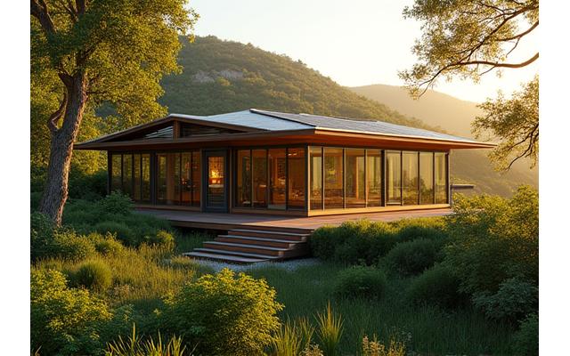 Contemporary eco-house integrated seamlessly into a lush Californian hillside, with expansive glass windows and solar panels