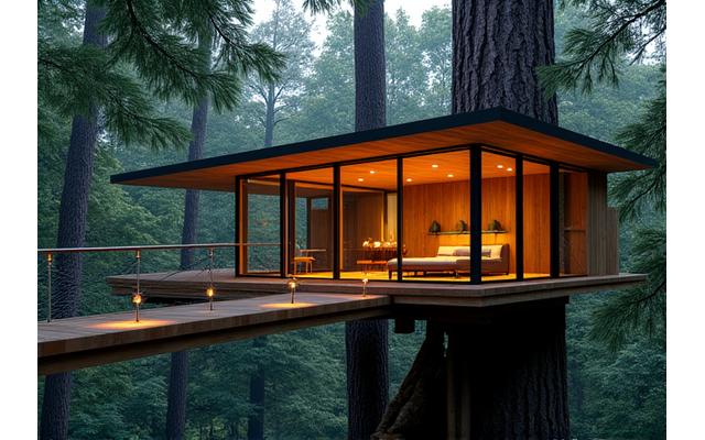 Luxurious treehouse accommodation nestled amongst redwoods, with soft interior lighting and an outdoor deck