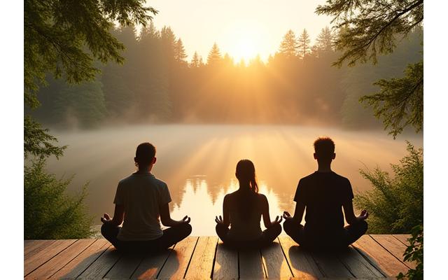 Group meditating peacefully at sunrise on a wooden deck overlooking a serene forest lake