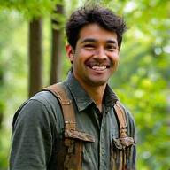 Portrait of Kian Rivera, an enthusiastic and knowledgeable naturalist and ecologist, surrounded by lush foliage