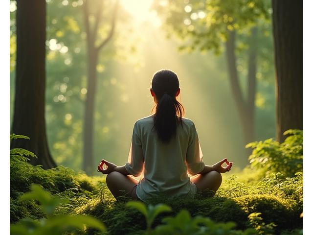 Woman meditating peacefully in a lush green forest, sunbeams filtering through the canopy