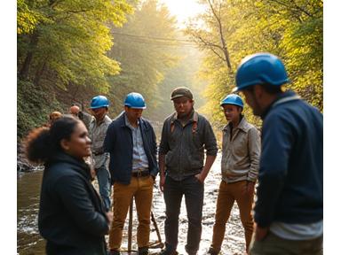 Group of diverse professionals collaborating on an outdoor team-building exercise in a natural setting