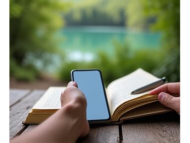 Person putting away a smartphone and picking up a journal next to a natural landscape