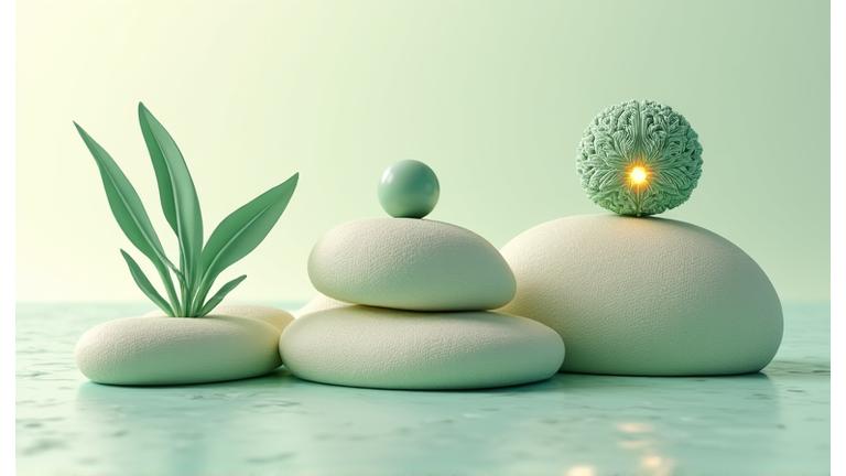 Infographic displaying symbols and data points related to wellness outcomes such as reduced cortisol and increased creativity, in a natural, organic design style