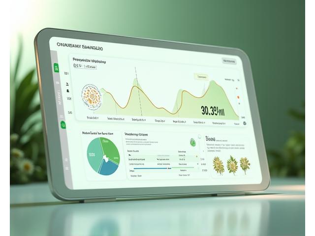 A clean, modern digital dashboard displaying various environmental metrics like CO2 reduction, water quality improvement, and biodiversity index with interactive graphs.