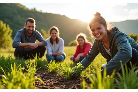Guests carefully planting native seedlings in a designated restoration area, with lush natural scenery in the background.