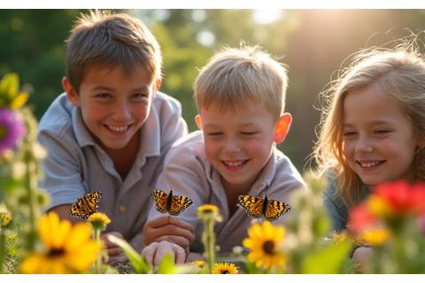 Smiling children and adults building small wooden bee houses in a sunlit garden, surrounded by colorful flowers.