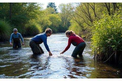 A group of volunteers working along a clear stream, removing debris and planting riparian vegetation to improve water quality.