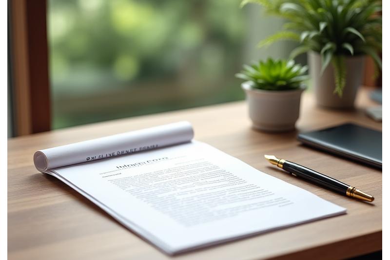 A serene desk scene with a neatly organized legal document, a fountain pen, and a small, vibrant potted plant, emphasizing clarity, purpose, and our commitment to the natural world. Dominant colors are background #F9FAF5 with accents of primaryDark #1D4A32.