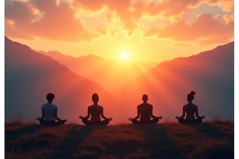 A serene sunrise yoga session on a mountain peak, silhouetted figures against a golden sky, embodying intentional healing.