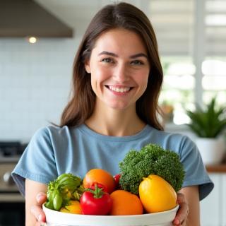 A friendly female registered dietitian offering fresh fruits and vegetables in a brightly lit kitchen setting.