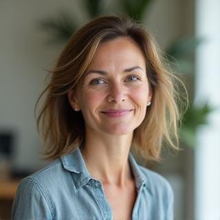 A portrait of a compassionate and knowledgeable female therapist in a tranquil, naturally lit consulting room.
