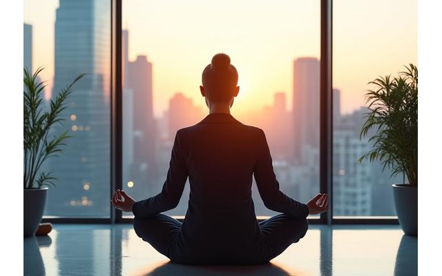 An executive meditating in a minimalist, modern office space with large windows overlooking a city skyline at dawn, symbolizing clarity.