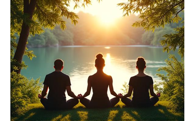 A group of individuals in a seated meditation pose outdoors, surrounded by rich greenery, focusing on breath and presence.